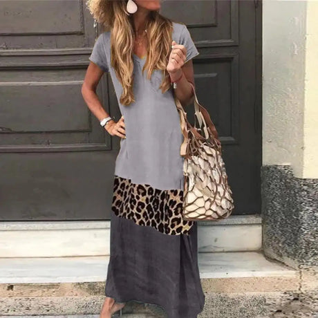 Casual Women summer dress  V Neck Short Sleeve woman dress Leopard Print Color Block Loose Long Dress dresses for women платье - Lootquake