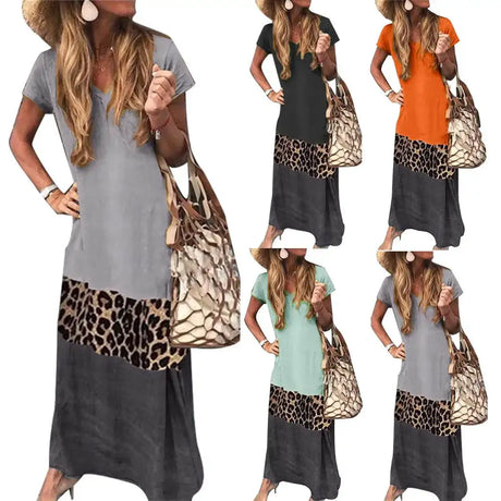 Casual Women summer dress  V Neck Short Sleeve woman dress Leopard Print Color Block Loose Long Dress dresses for women платье - Lootquake