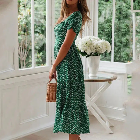 Vestidos Vintage Vintage Print Puff Sleeve summer Beach sweet dresses Casual Square collar floral maxi long dress 2024 festa - Lootquake