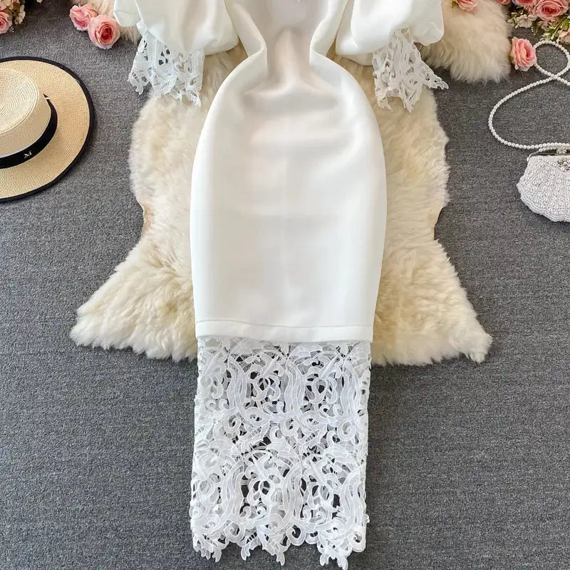 Sexy Hollow Out Lace Bodycon Long Dress Women Elegant Red/Pink/White Off Shoulder Patchwork Maxi Party Vestidos 2021 Autumn New - Lootquake