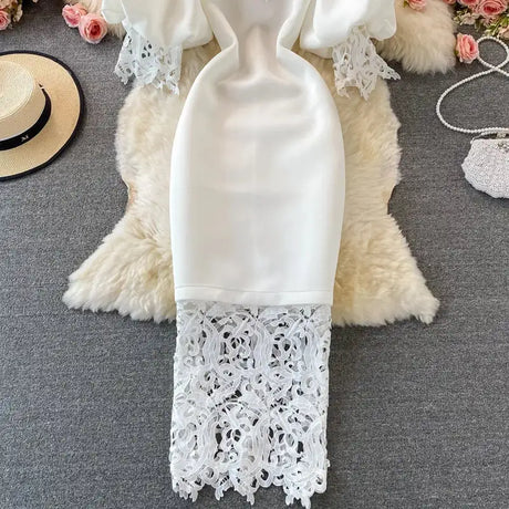 Sexy Hollow Out Lace Bodycon Long Dress Women Elegant Red/Pink/White Off Shoulder Patchwork Maxi Party Vestidos 2021 Autumn New - Lootquake