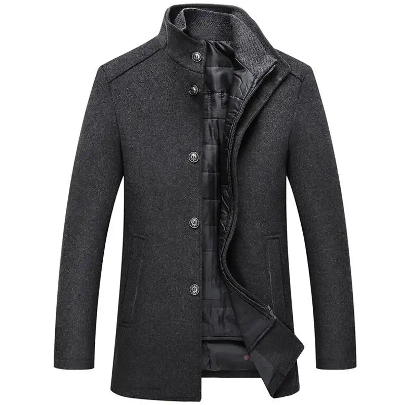 Woolen Coat Men Winter Windbreaker Long Thick Wool Jackets abrigo hombre Man Stand Collar Single Breasted With Vest Woolen Coats - Lootquake