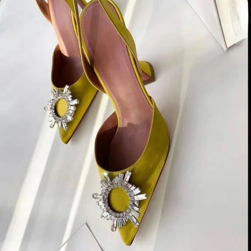 New Fashionable Half Slippers Women&#39;s Sandals Fashionable Sparkling Rhinestones Satin Wine Glass Heel Shoes Closed-Toe Slippers