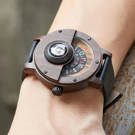 Natural Wood Watch Men Turntable Compass Dial Real Walnut Ebony Bamboo Wooden Watches Male Brown Concept Clock Quartz Wristwatch - Lootquake
