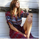 1pcs/lot Women Bohemia V-neck Three Quarter Sleeve Floral Print Ethnic Autumn Beach Boho Long Dress - Lootquake