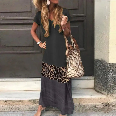 Casual Women summer dress  V Neck Short Sleeve woman dress Leopard Print Color Block Loose Long Dress dresses for women платье - Lootquake