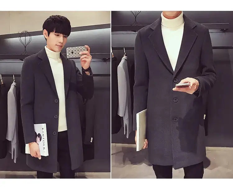 2024 Spring Autumn New Long Cotton Coat New Wool Blend Pure Color Casual Business Fashion Men's Clothing Slim Windbreaker Jacket - Lootquake