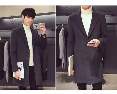 2024 Spring Autumn New Long Cotton Coat New Wool Blend Pure Color Casual Business Fashion Men's Clothing Slim Windbreaker Jacket - Lootquake
