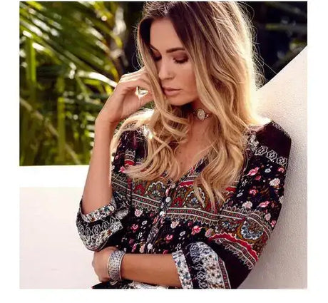 1pcs/lot Women Bohemia V-neck Three Quarter Sleeve Floral Print Ethnic Autumn Beach Boho Long Dress - Lootquake