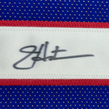 Framed Autographed/Signed Jeff Hostetler 35x39 New York Blue Football Jersey JSA COA