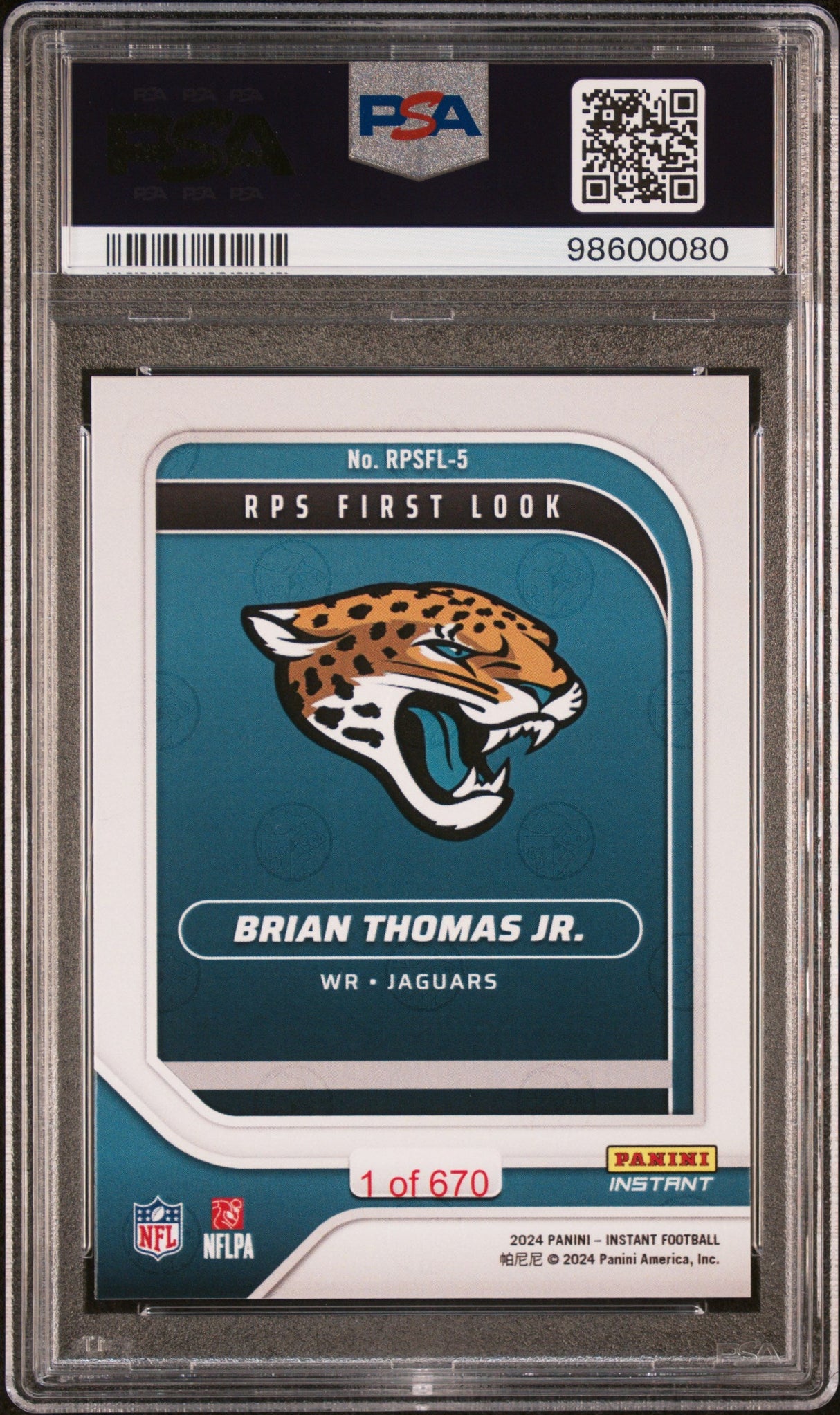 Tarjeta de fútbol americano Panini Instant NFL Brian Thomas Jr #RPSFL5 de primer vistazo de RPS, calificada en 2024, para novato, con radiocontrol, PSA 10 Gem Mint