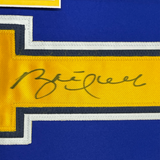 Camiseta de hockey azul y amarillo de St. Louis, enmarcada, autografiada y firmada por Brett Hull, 35 x 39, números JSA COA