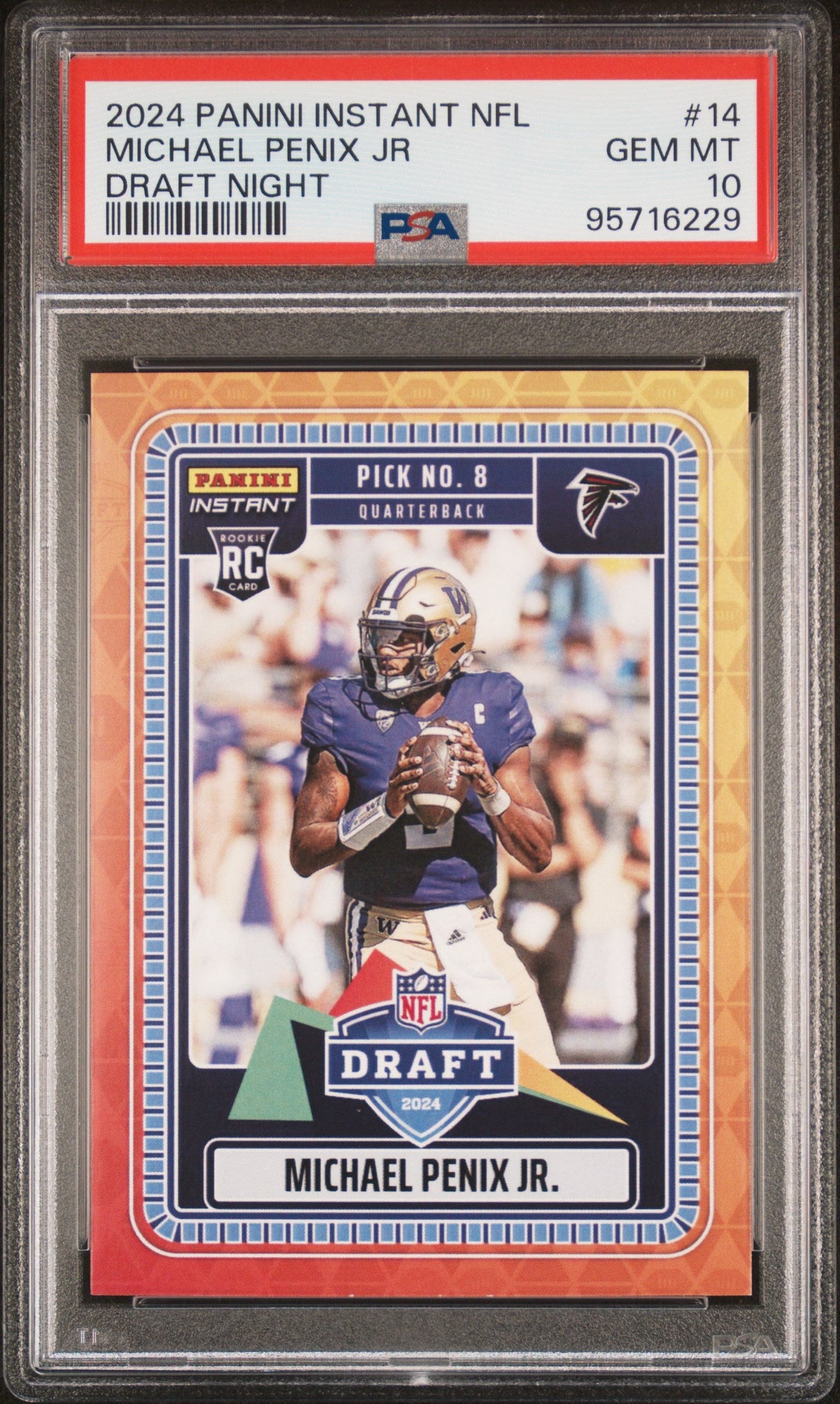 Tarjeta de fútbol americano de la NFL Panini Instant Michael Penix Jr. #14 Draft Night Rookie RC, clasificada en 2024, PSA 10 Gem Mint