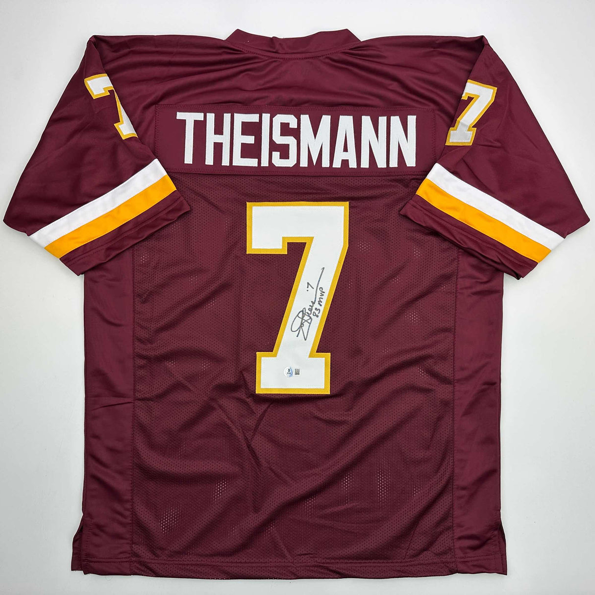Camiseta de fútbol borgoña autografiada/firmada de Joe Theismann 83 MVP Washington Beckett BAS COA