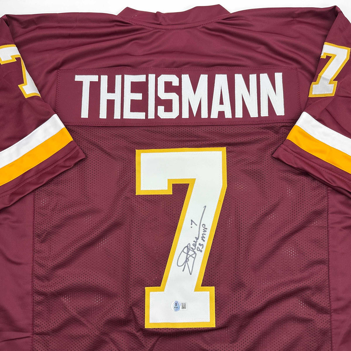 Camiseta de fútbol borgoña autografiada/firmada de Joe Theismann 83 MVP Washington Beckett BAS COA