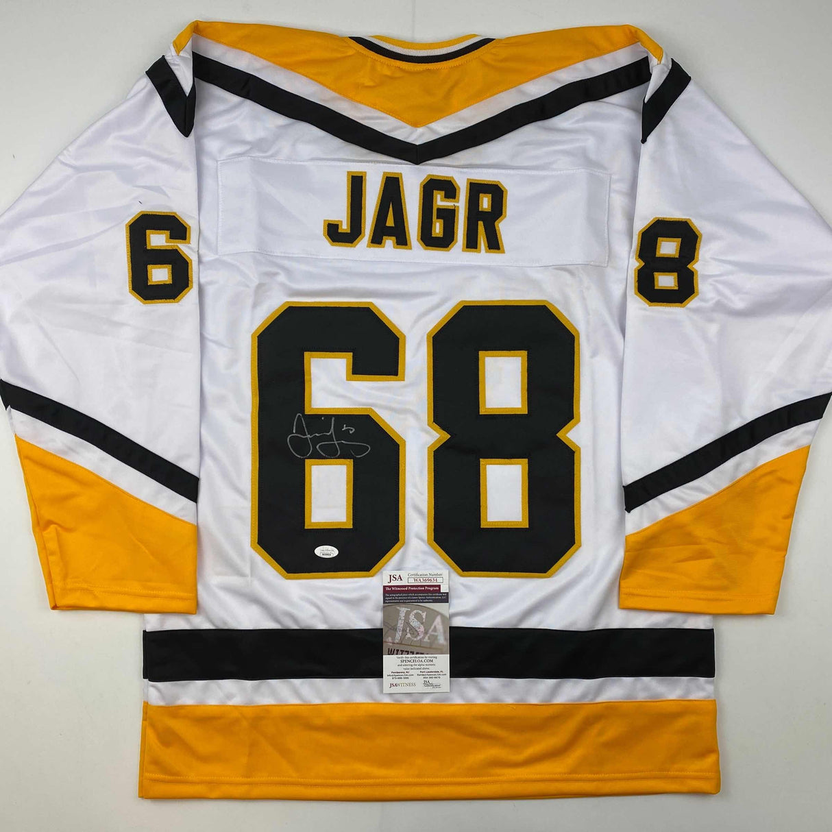 Camiseta de hockey blanca de Pittsburgh Jaromir Jagr autografiada/firmada JSA COA