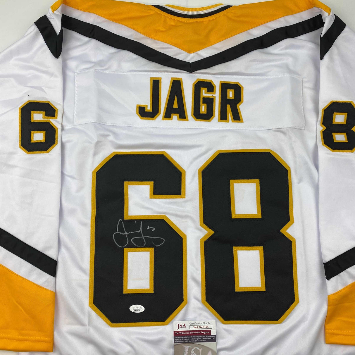 Camiseta de hockey blanca de Pittsburgh Jaromir Jagr autografiada/firmada JSA COA