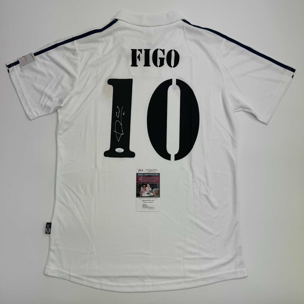 Camiseta de fútbol blanca del Real Madrid autografiada/firmada por Luis Figo Beckett BAS COA