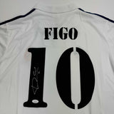 Camiseta de fútbol blanca del Real Madrid autografiada/firmada por Luis Figo Beckett BAS COA