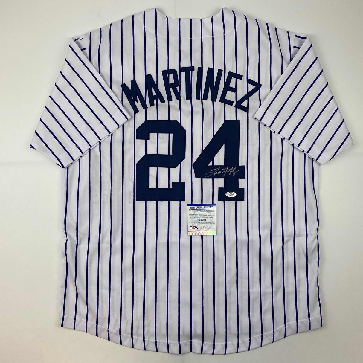 Camiseta de béisbol de rayas de Nueva York autografiada/firmada por Tino Martínez, PSA/CÓDIGO DE ADN
