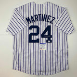 Camiseta de béisbol de rayas de Nueva York autografiada/firmada por Tino Martínez, PSA/CÓDIGO DE ADN