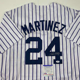 Camiseta de béisbol de rayas de Nueva York autografiada/firmada por Tino Martínez, PSA/CÓDIGO DE ADN