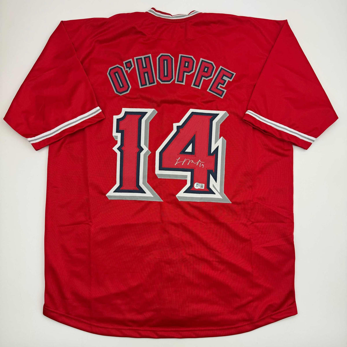 Camiseta de béisbol roja de Anaheim de Los Ángeles, autografiada y firmada por Logan O'Hoppe, Beckett BAS COA