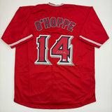 Camiseta de béisbol roja de Anaheim de Los Ángeles, autografiada y firmada por Logan O'Hoppe, Beckett BAS COA