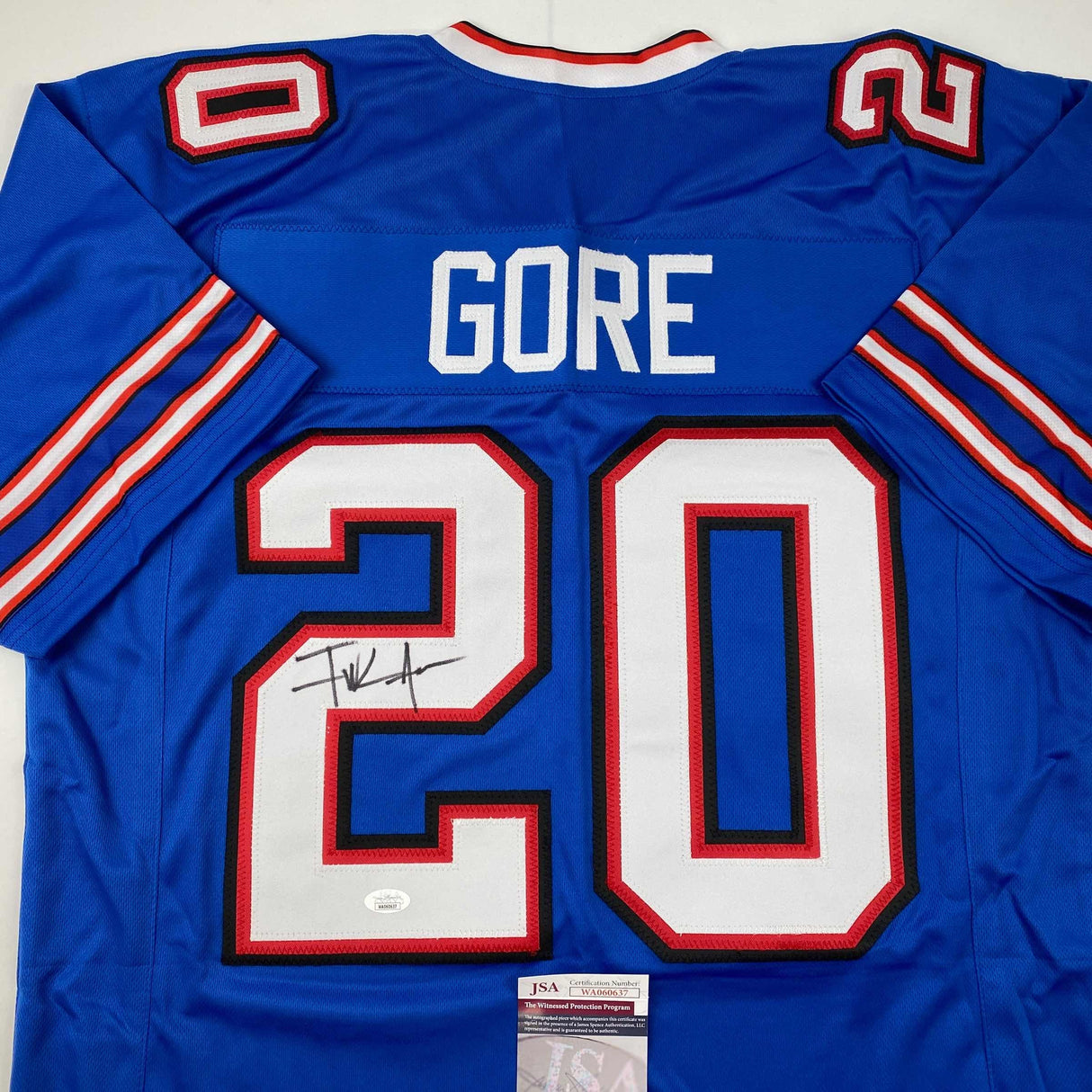 Camiseta de fútbol azul búfalo autografiada/firmada de Frank Gore JSA COA