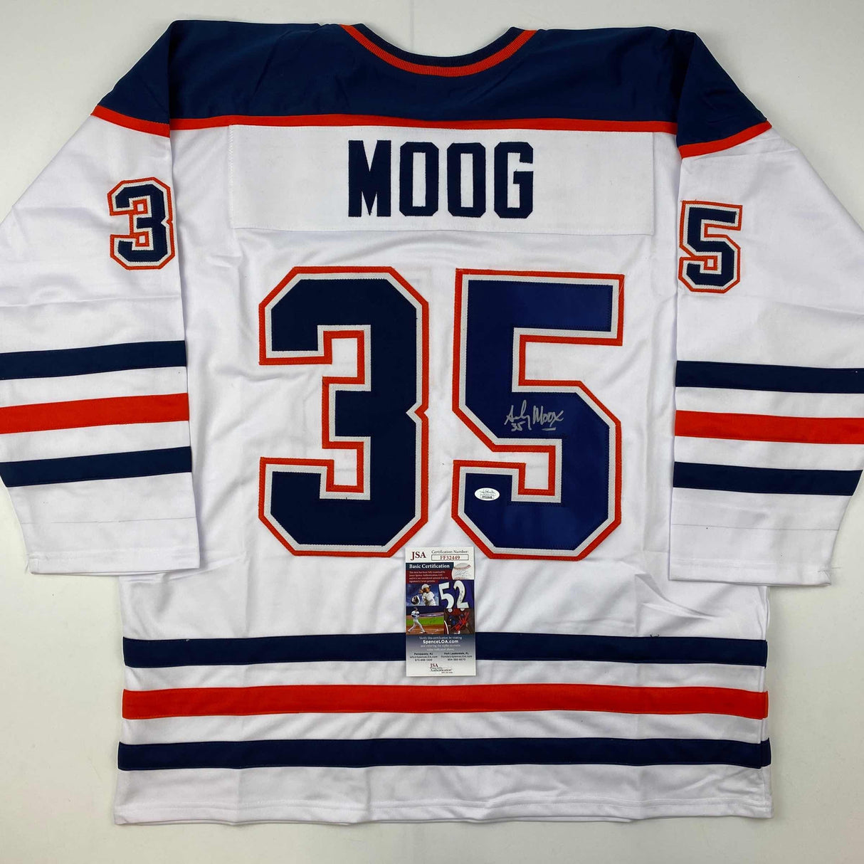 Camiseta de hockey blanca de Edmonton autografiada/firmada por Andy Moog (JSA COA)
