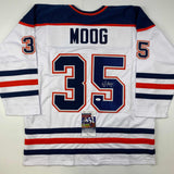 Camiseta de hockey blanca de Edmonton autografiada/firmada por Andy Moog (JSA COA)