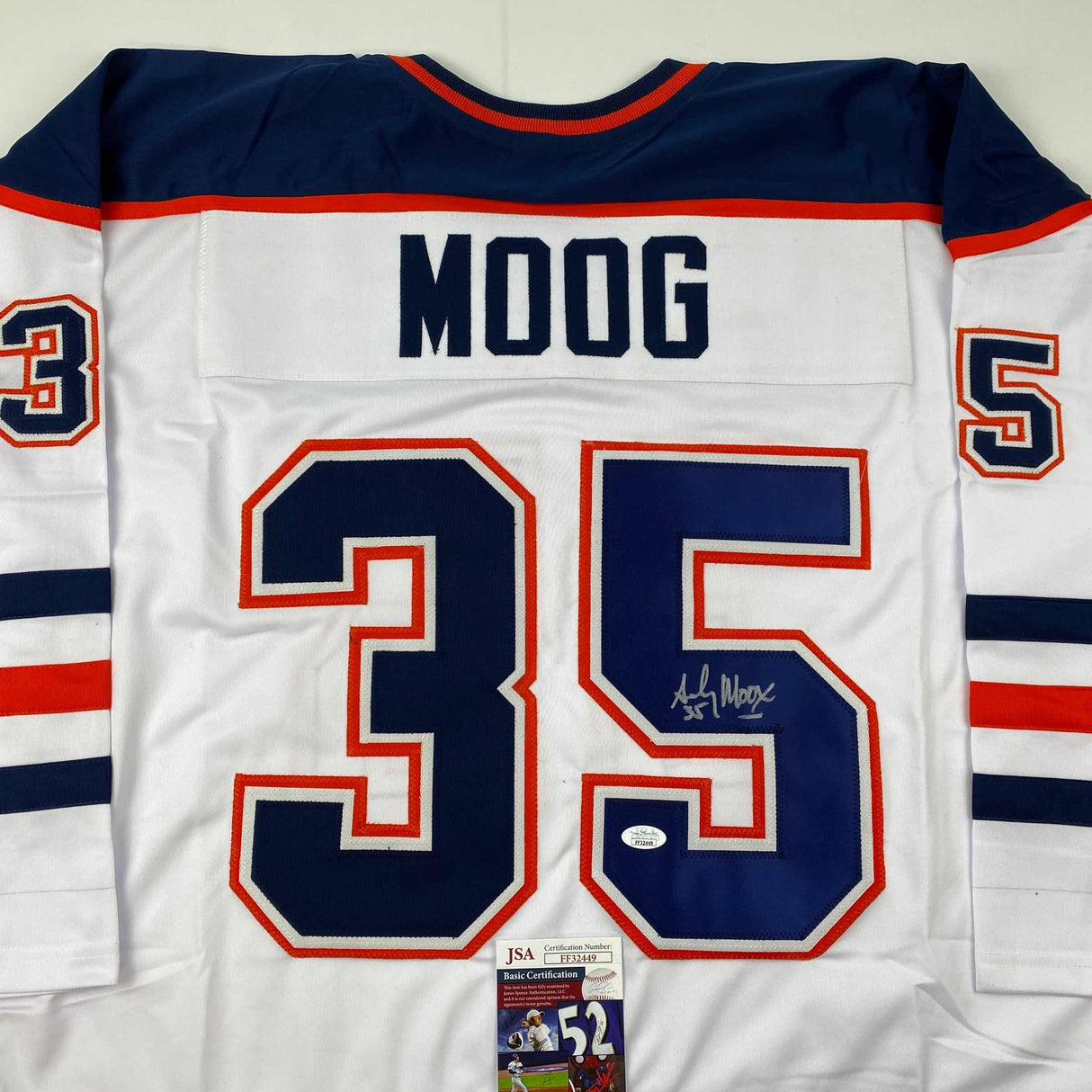 Camiseta de hockey blanca de Edmonton autografiada/firmada por Andy Moog (JSA COA)