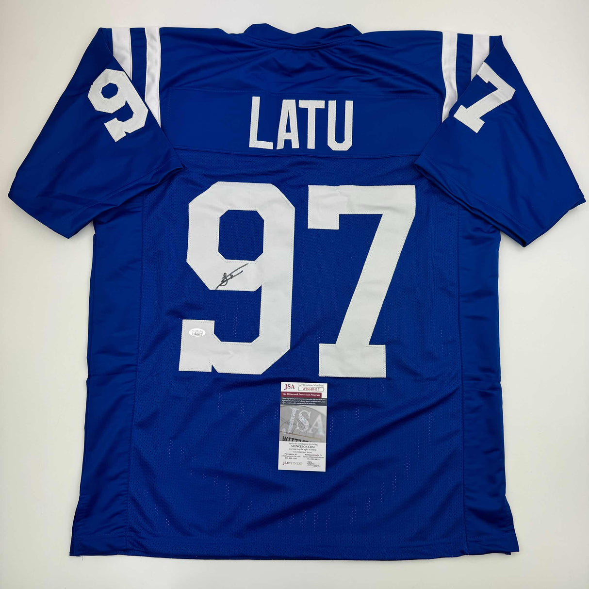 Camiseta de fútbol azul de Indianápolis autografiada/firmada por Laiatu Latu (JSA COA)