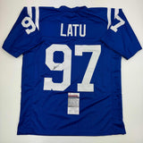 Camiseta de fútbol azul de Indianápolis autografiada/firmada por Laiatu Latu (JSA COA)