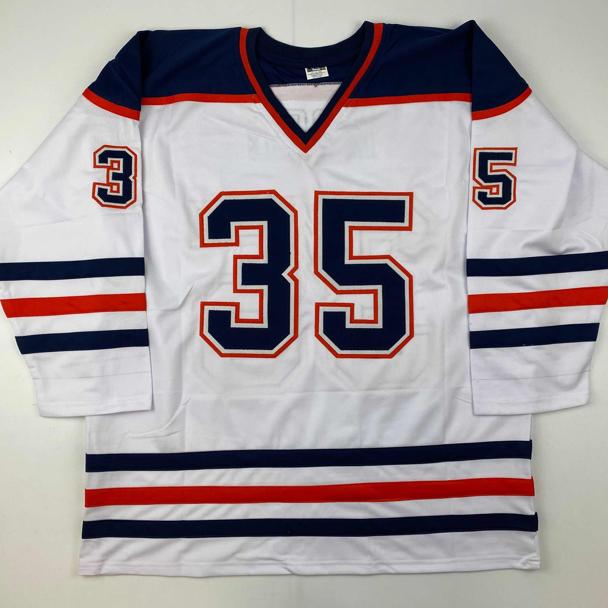 Camiseta de hockey blanca de Edmonton autografiada/firmada por Andy Moog (JSA COA)