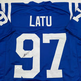 Camiseta de fútbol azul de Indianápolis autografiada/firmada por Laiatu Latu (JSA COA)