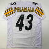 Camiseta de fútbol blanca de Pittsburgh de Troy Polamalu autografiada/firmada Beckett BAS COA