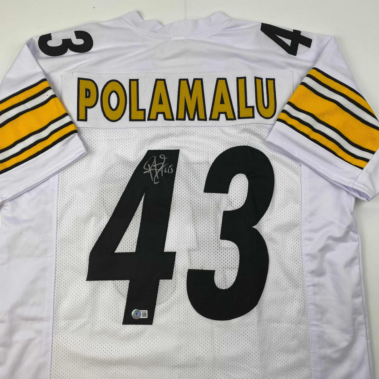 Camiseta de fútbol blanca de Pittsburgh de Troy Polamalu autografiada/firmada Beckett BAS COA