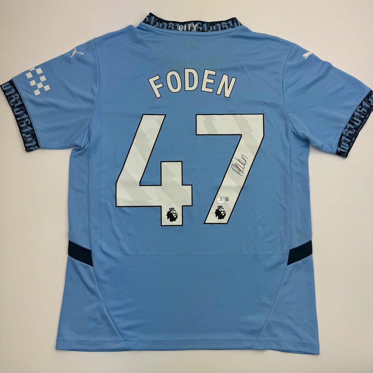 Camiseta de fútbol azul del Manchester City autografiada/firmada por Phil Foden Beckett BAS COA #3