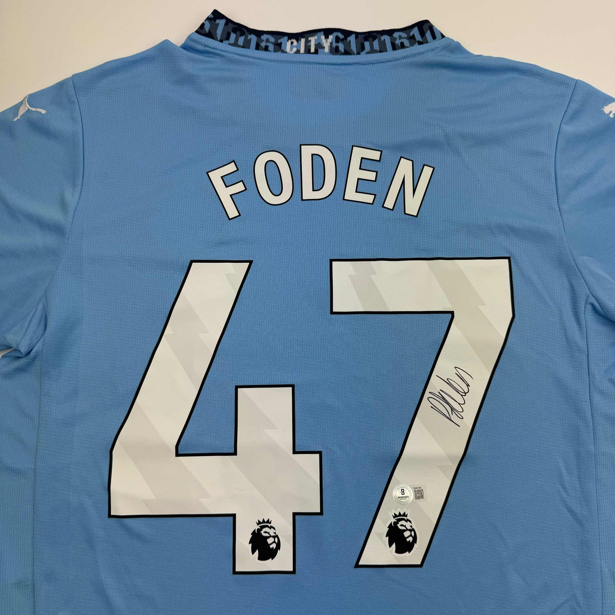 Camiseta de fútbol azul del Manchester City autografiada/firmada por Phil Foden Beckett BAS COA #3