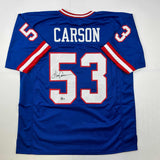 Camiseta de fútbol azul de Nueva York autografiada/firmada de Harry Carson Beckett BAS COA