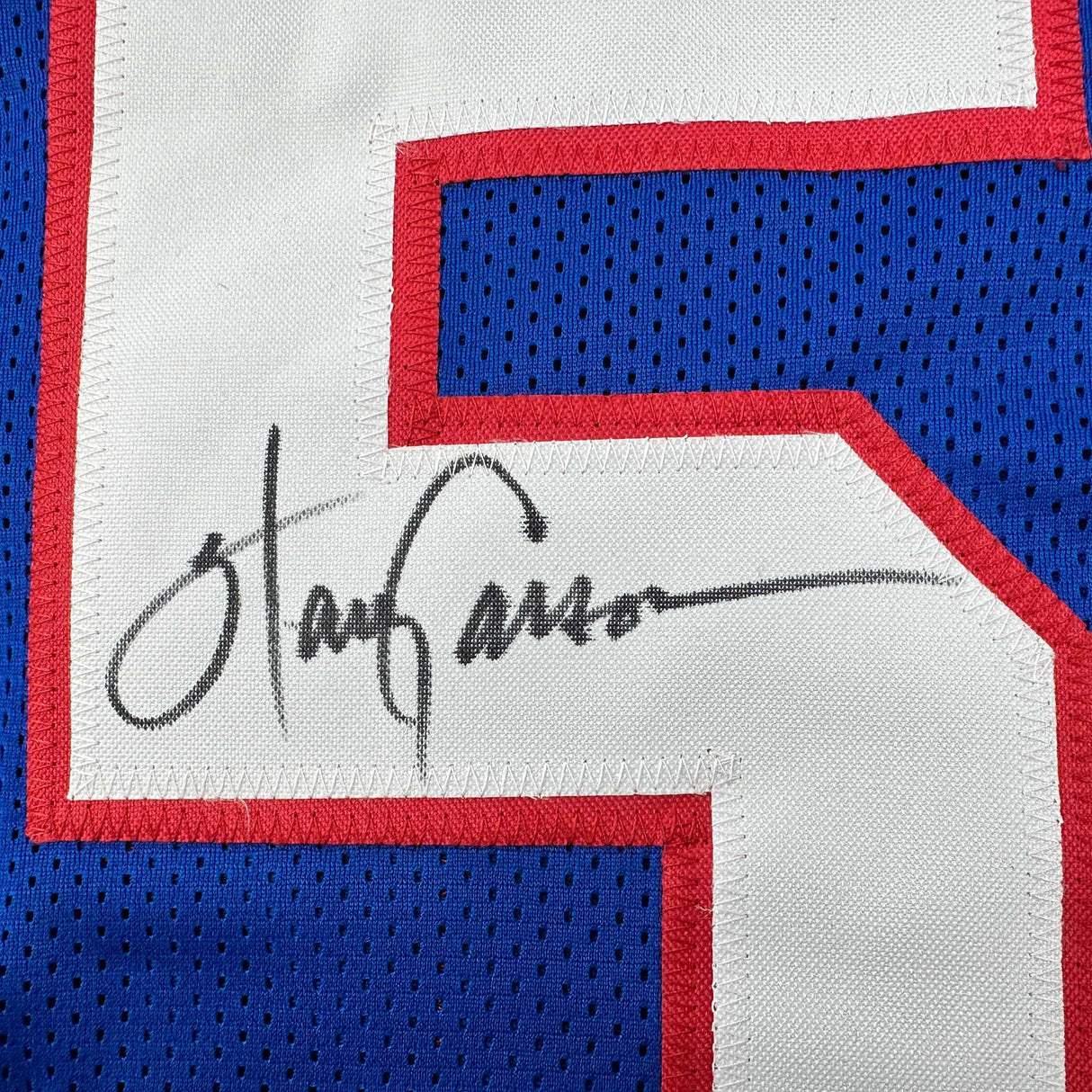 Camiseta de fútbol azul de Nueva York autografiada/firmada de Harry Carson Beckett BAS COA