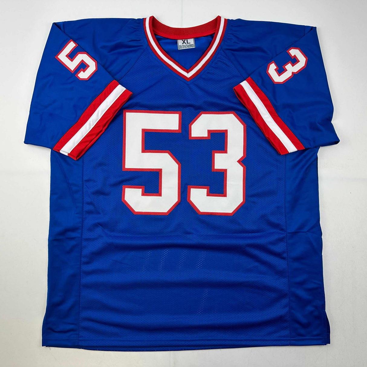 Camiseta de fútbol azul de Nueva York autografiada/firmada de Harry Carson Beckett BAS COA