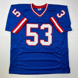 Camiseta de fútbol azul de Nueva York autografiada/firmada de Harry Carson Beckett BAS COA