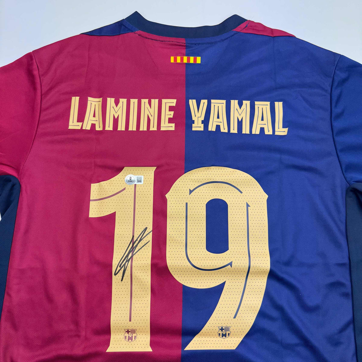 Camiseta de fútbol azul del FC Barcelona autografiada/firmada por Lamine Yamal Beckett BAS COA