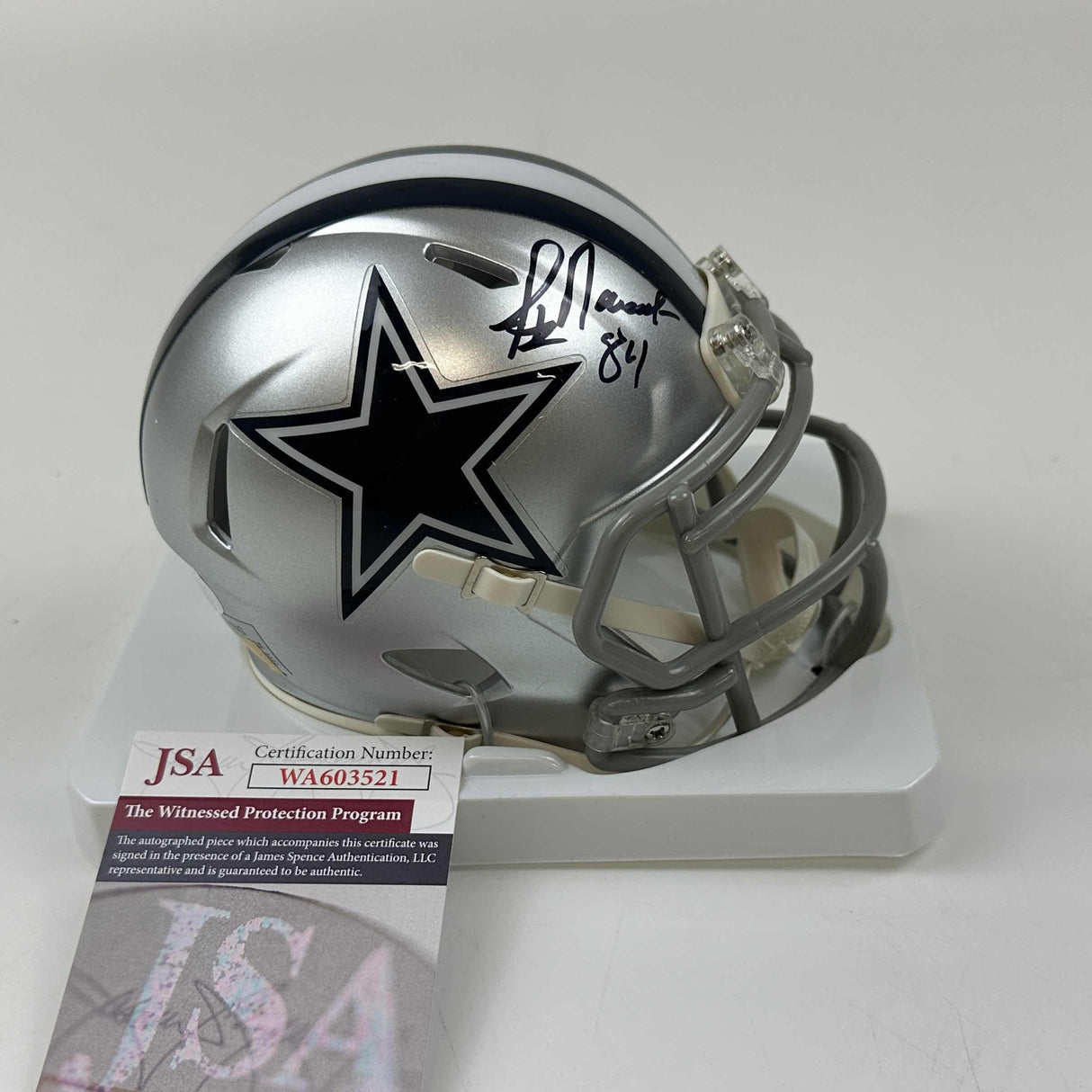 Casco de fútbol americano en miniatura de los Dallas Cowboys autografiado/firmado por Jay Novacek (JSA COA)