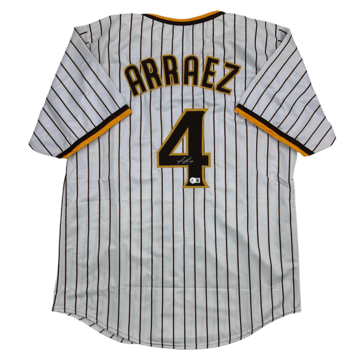 Camiseta de béisbol a rayas de San Diego de Luis Arraez autografiada/firmada Beckett BAS COA