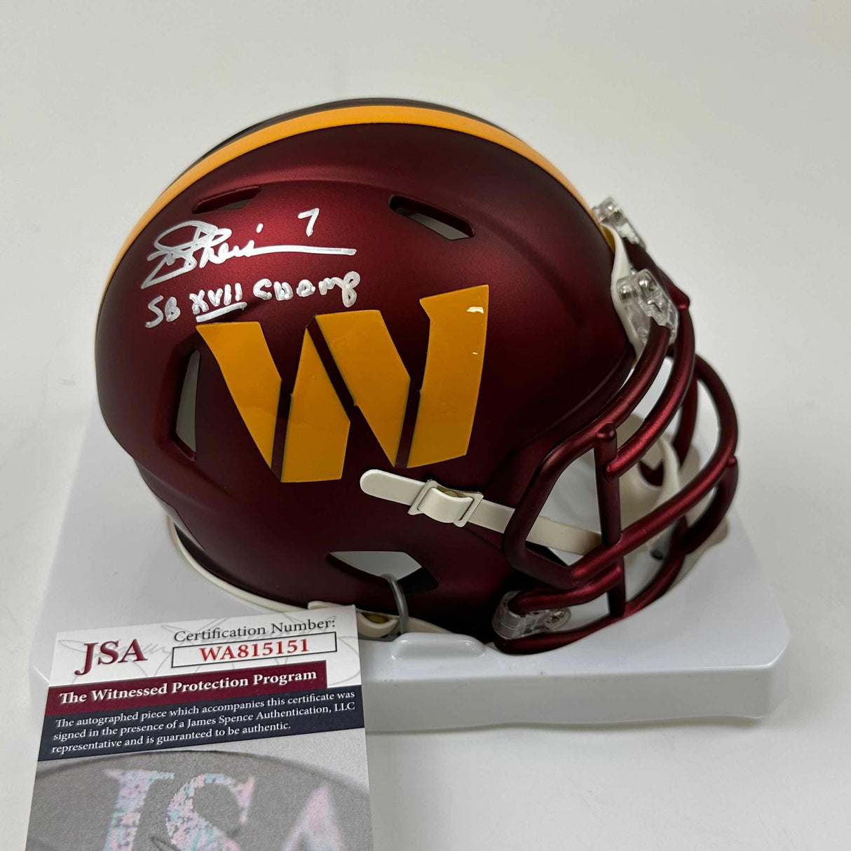Casco de fútbol americano en miniatura Washington Commanders del campeón SB XVII de Joe Theismann, autografiado y firmado por JSA COA