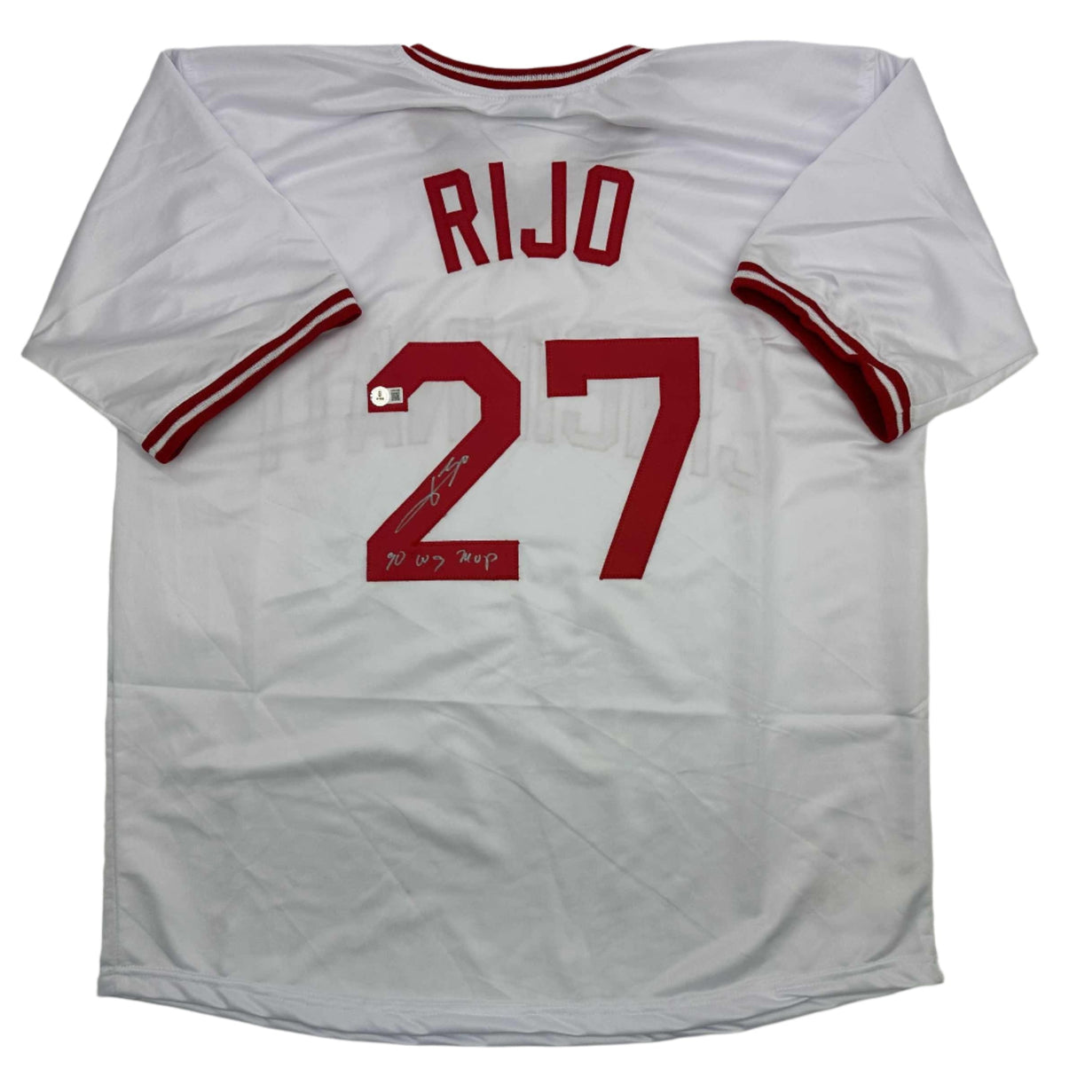 Camiseta de béisbol blanca autografiada/firmada de José Rijo 90 WS MVP Cincinnati Beckett BAS COA