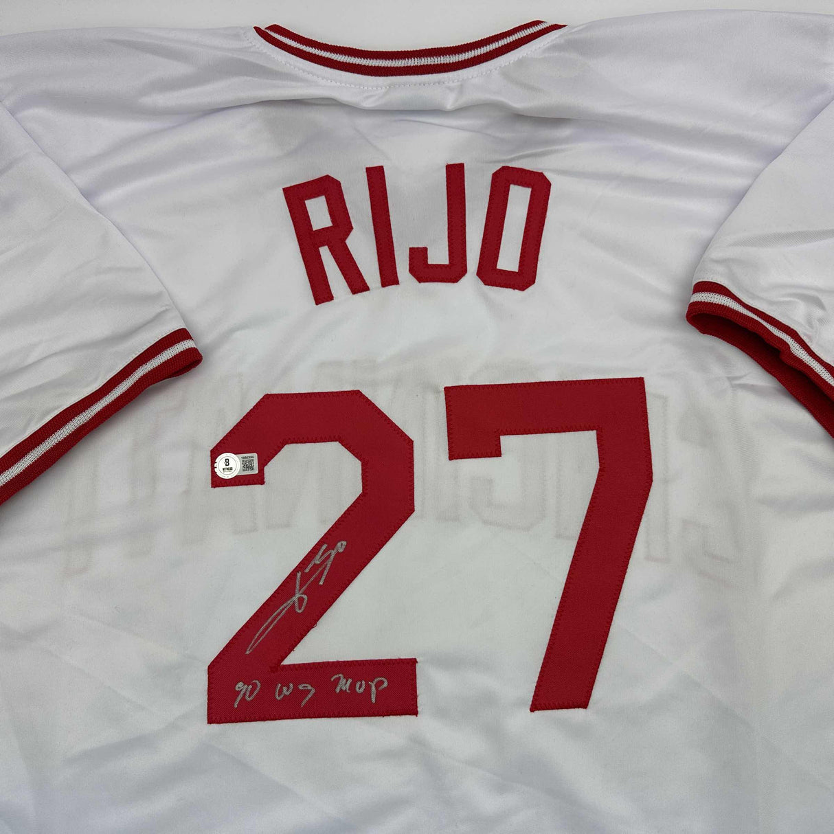 Camiseta de béisbol blanca autografiada/firmada de José Rijo 90 WS MVP Cincinnati Beckett BAS COA